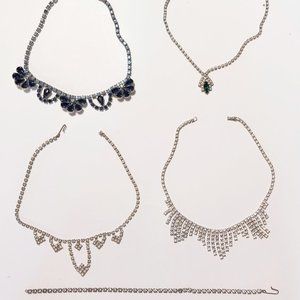 Lot 5 piece vintage rhinestone jewelry bling short choker necklaces + extender
